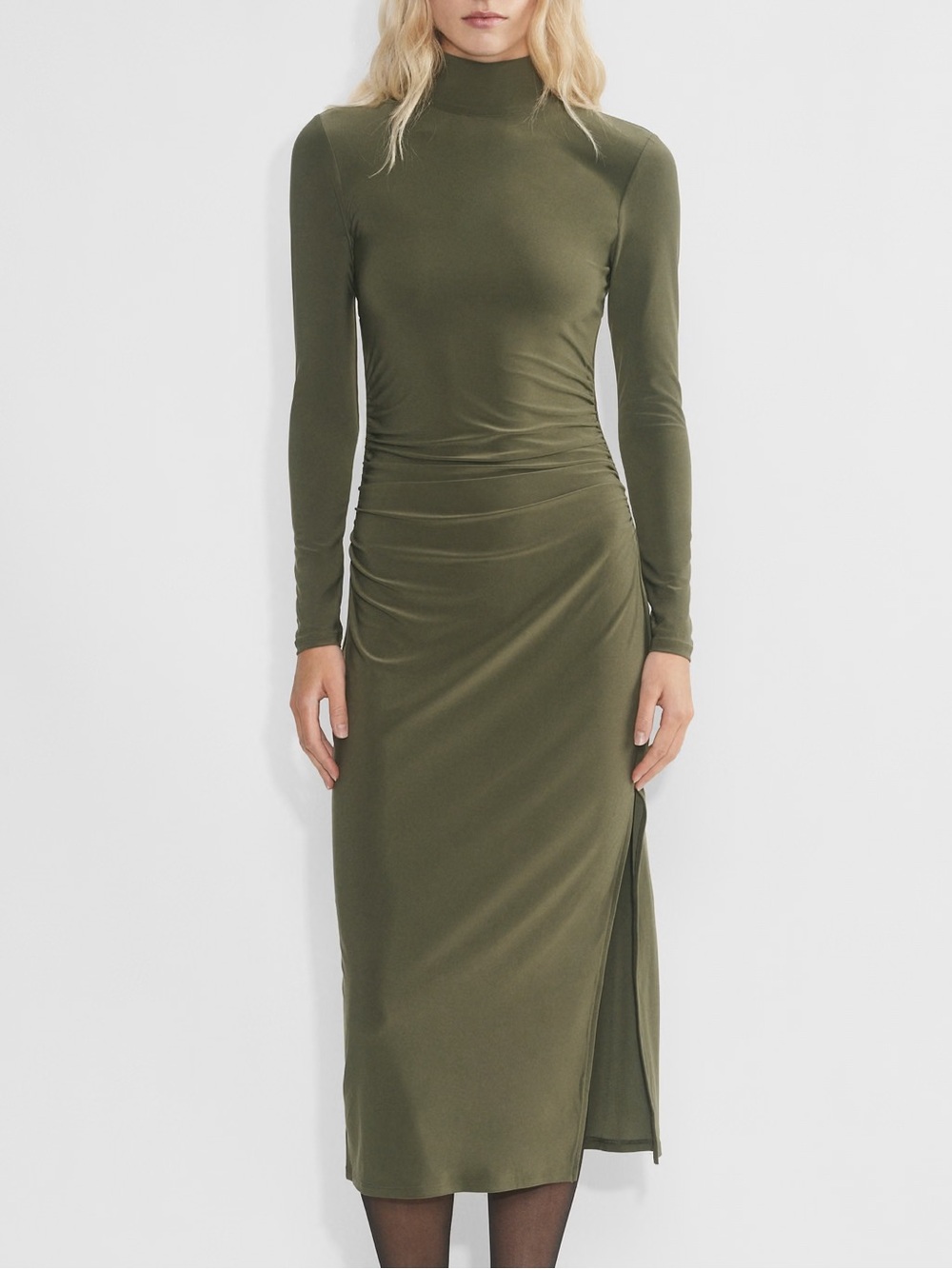 Aritzia Wilfred Womn XS Olive Green Mock Neck Remedy Long Sleeve Midi Dress NWOT